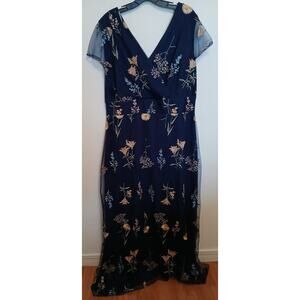 Leslie Fay Blue Embroidered Floral Double V Neck Semi Formal Long Dress Gown 16